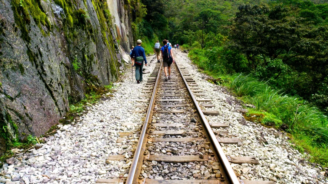 Hikers walking along the railway to Aguas Calientes