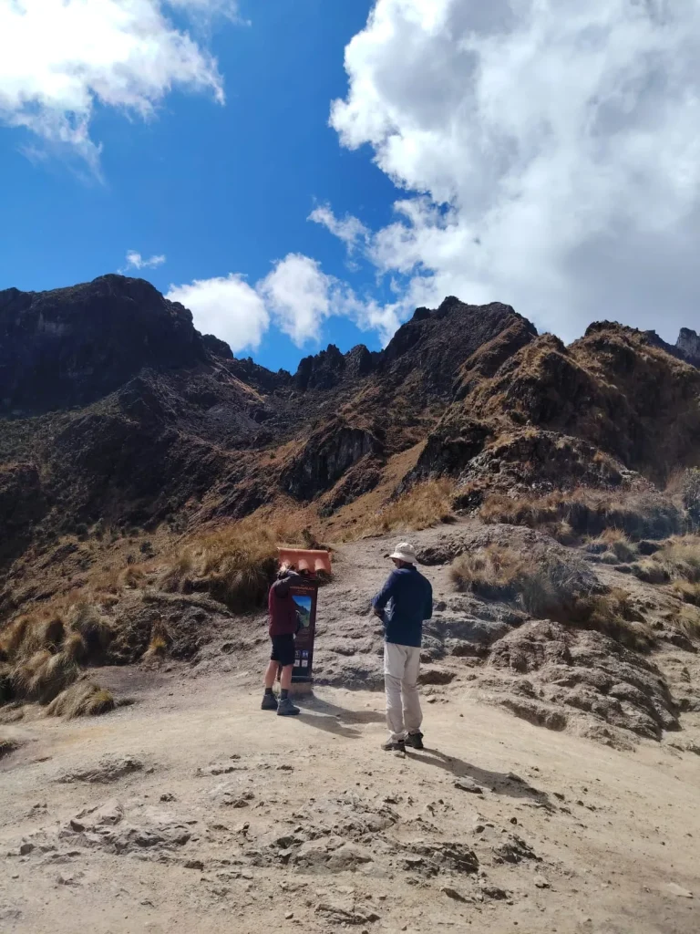 Hikers on a high mountain pass of the Inca Trail