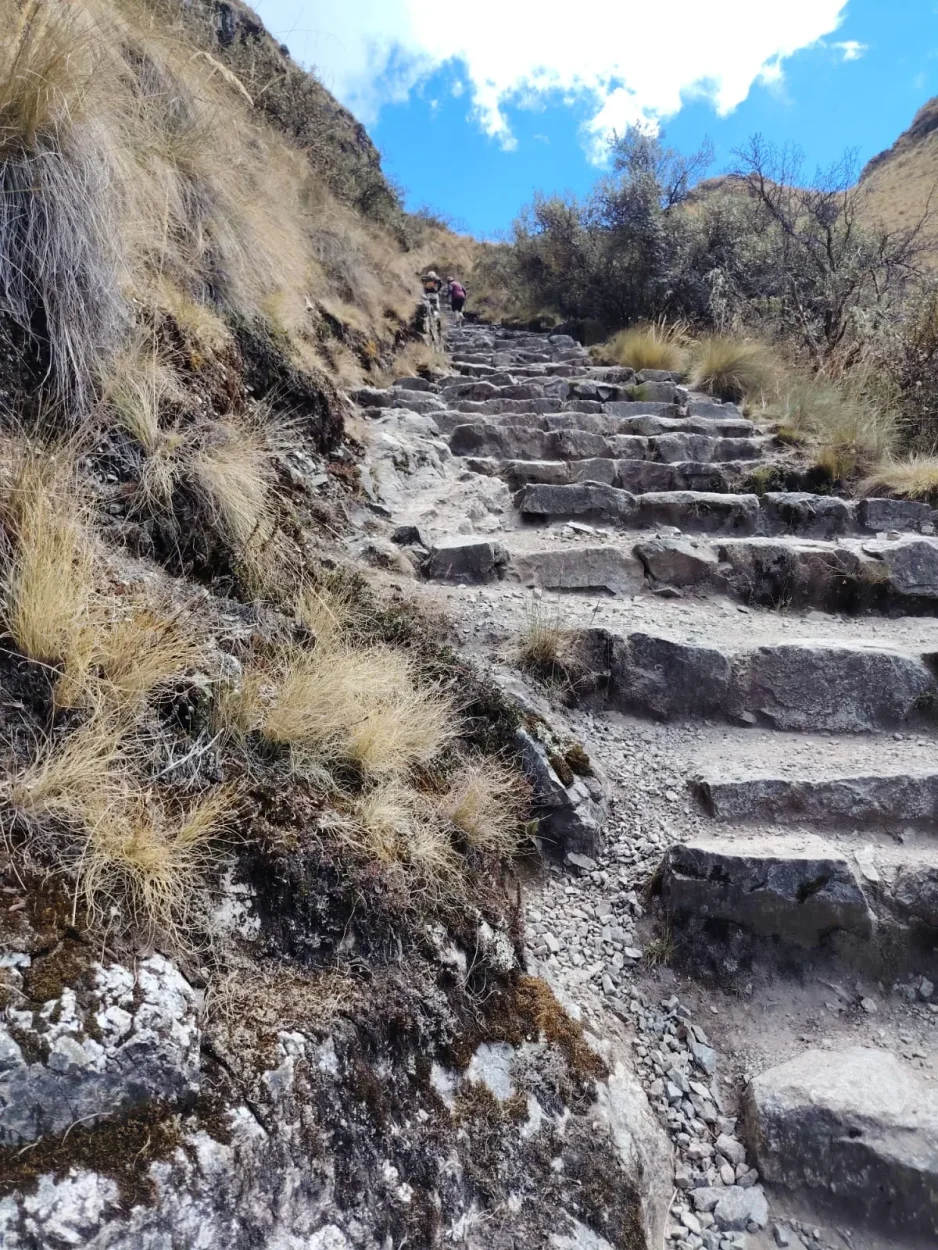 Original Inca stone stairway climbing a mountainside on the Inca Trail