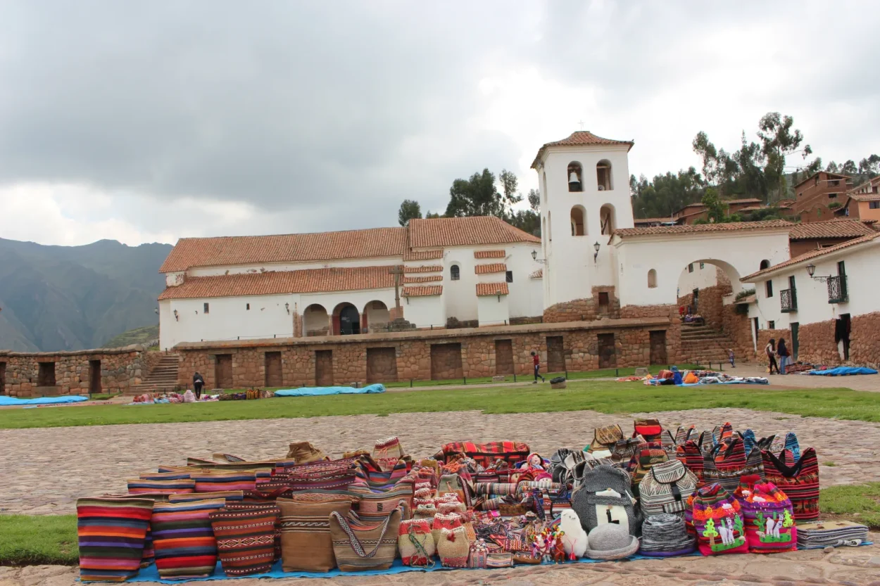 Colonial church of Chinchero and handicraft stalls on the square