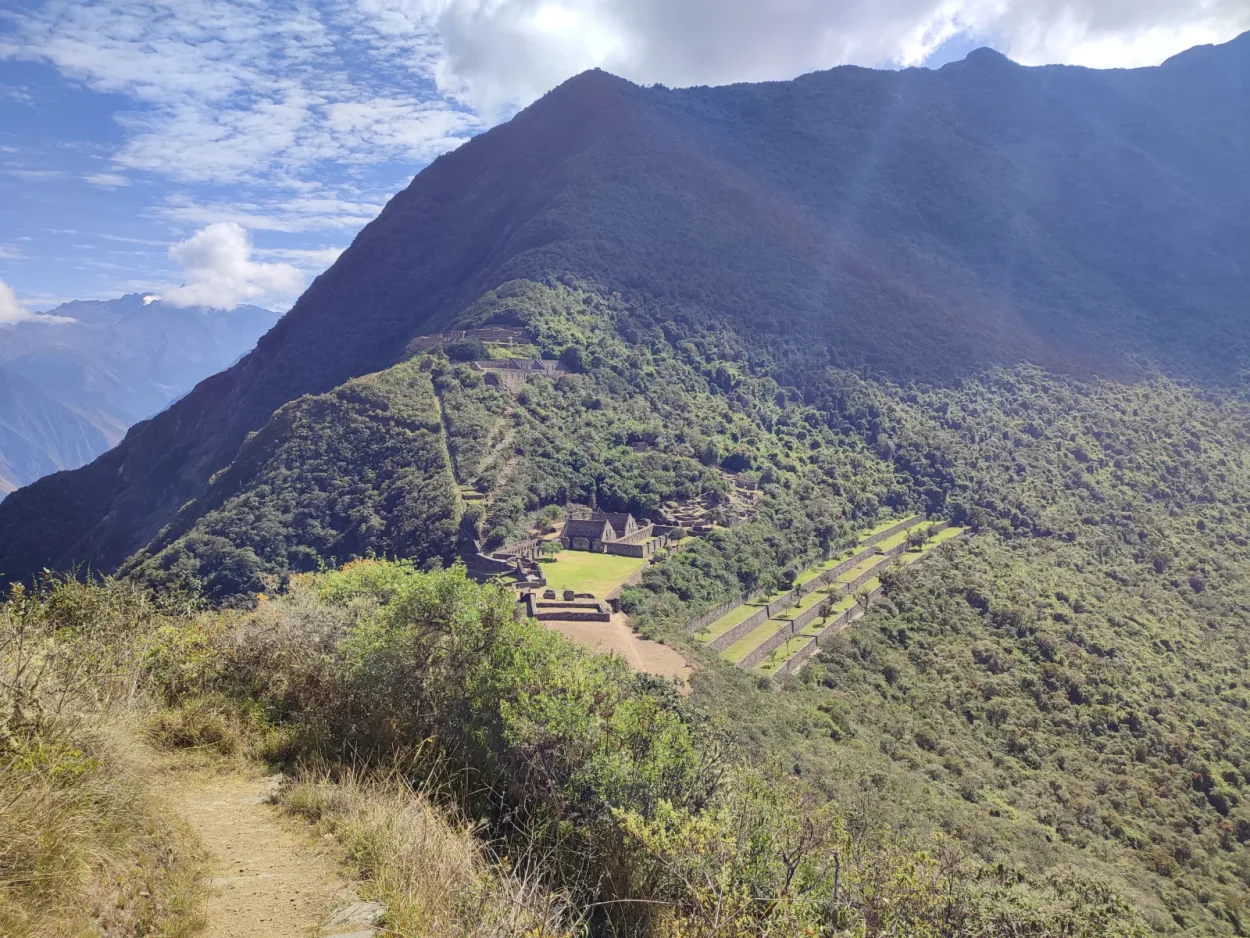 First view of Choquequirao and its terraces from the trail