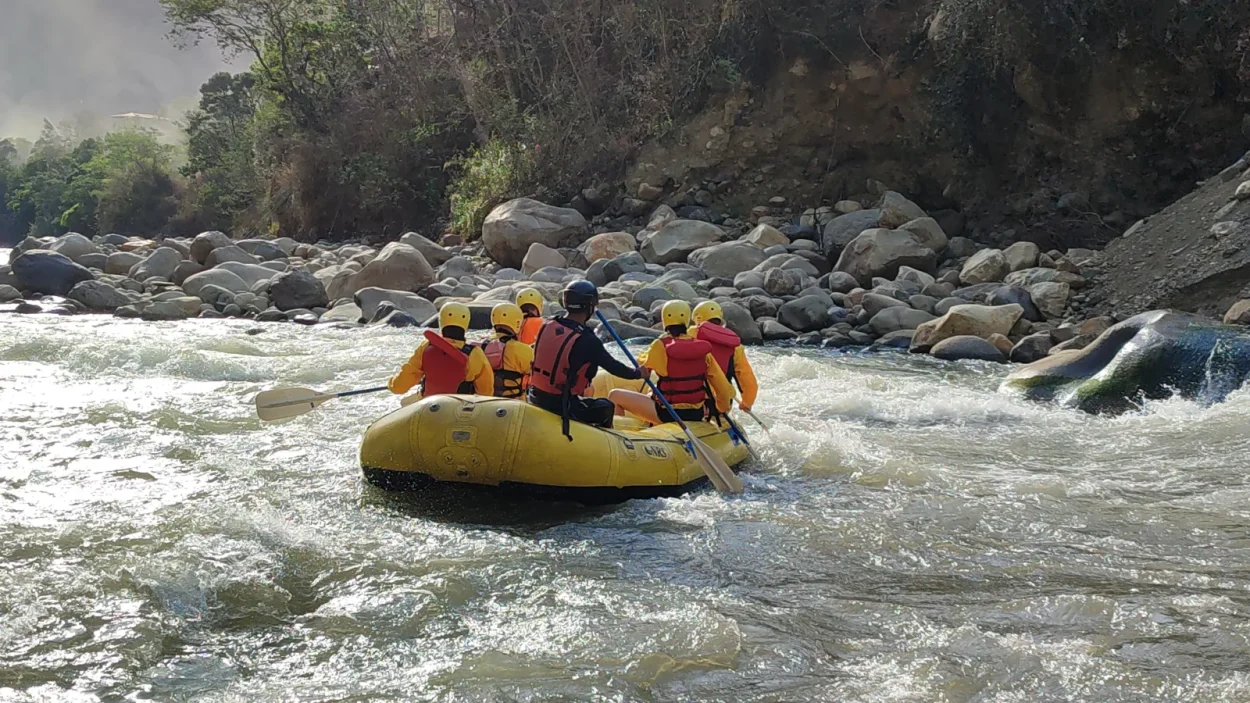 Raft on the white water of the river on the Inca Jungle trek