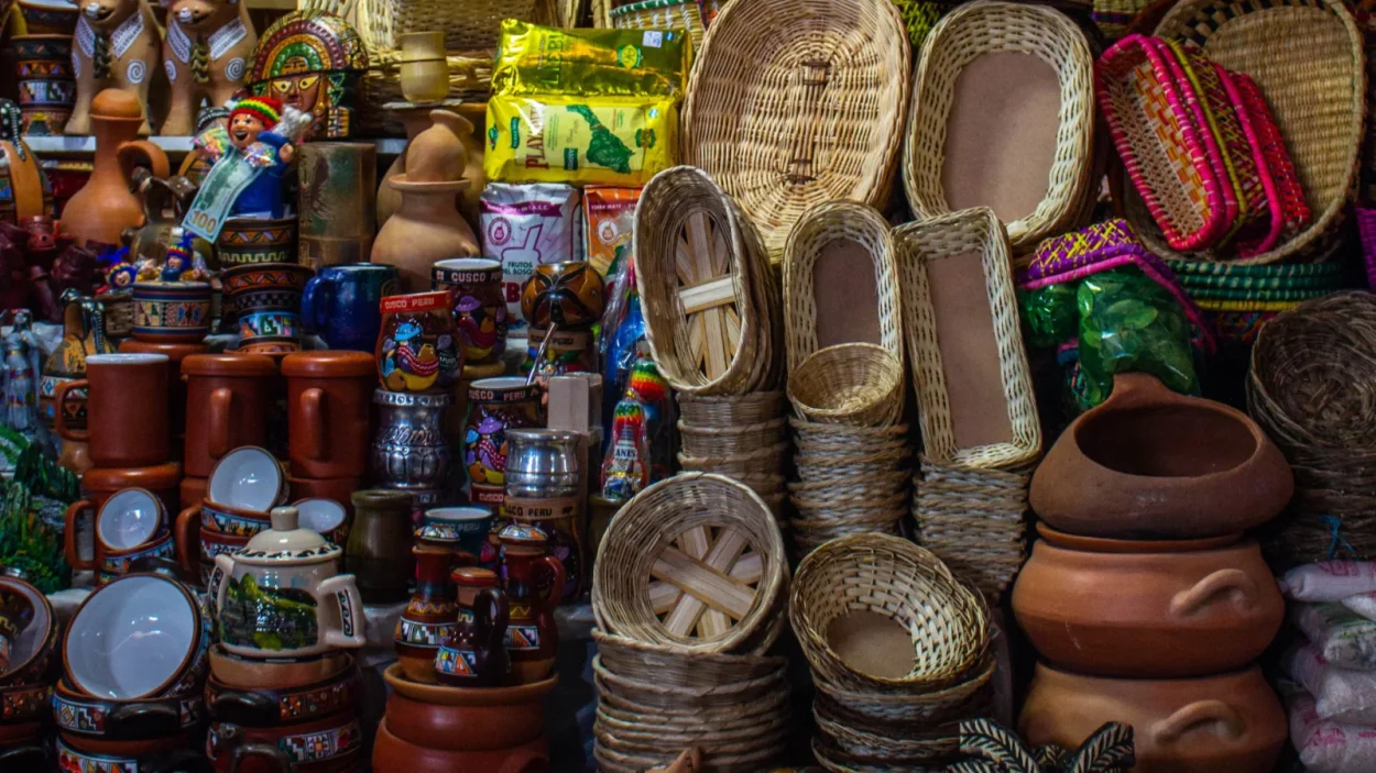 Pottery and baskets at San Pedro Market, Cusco